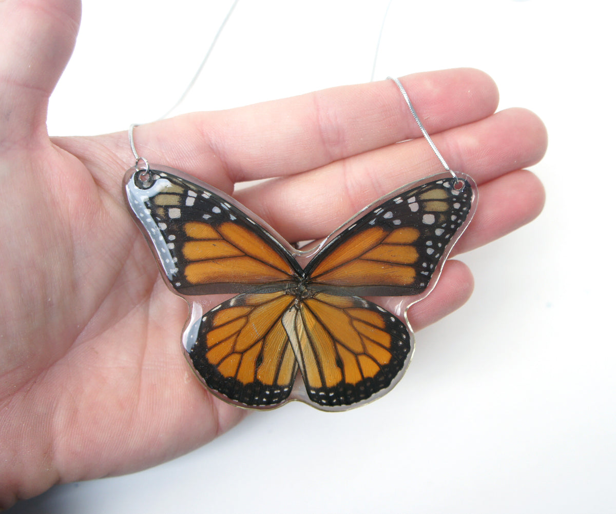 Monarch wing necklace, detail view