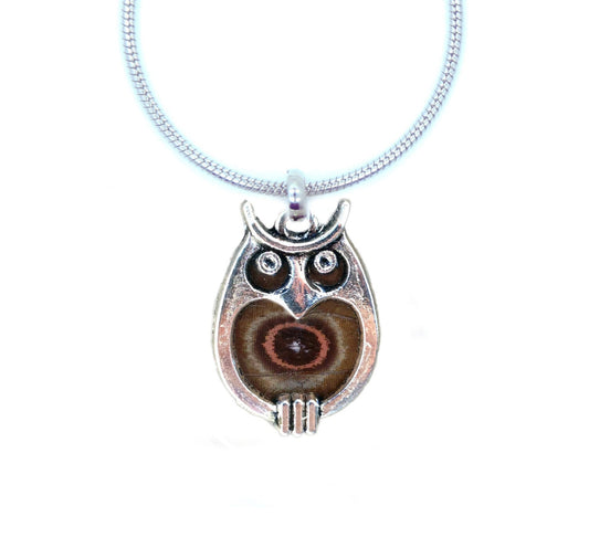 Butterfly wing owl necklace, alternate view