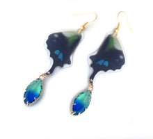 Load image into Gallery viewer, Real Butterfly Wing Dangle Earrings - Graphium Weiskei Hindwing with Glass Bead
