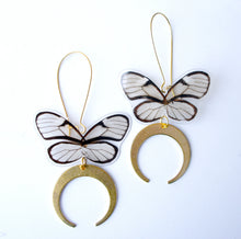 Load image into Gallery viewer, Clear wing butterfly earrings with crescent dangles