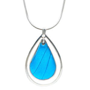 Real Butterfly Sterling Silver Teardrop Necklace - Blue Morpho
