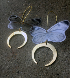 Clear wing butterfly earrings with crescent dangles