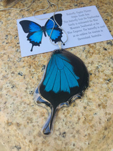 Recycled Butterfly Wing Necklace - Papilio Ulysses Hindwing - Butterfly Gift, Nature Theme Jewelry