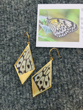 Load image into Gallery viewer, Recycled butterfly wing drop kite pendant earrings - Rice Paper - dangle, gold, shiny, lightweight, modern jewelry