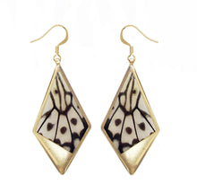 Load image into Gallery viewer, Recycled butterfly wing drop kite pendant earrings - Rice Paper - dangle, gold, shiny, lightweight, modern jewelry