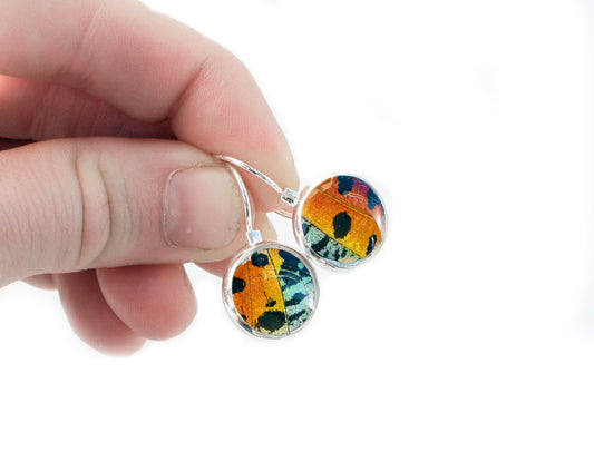 Rainbow Sunset Moth drop post earrings, alternate view