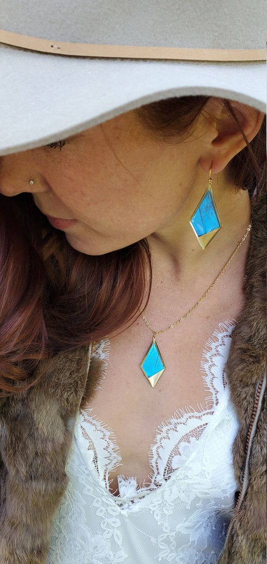Blue Morpho kite earrings, alternate view
