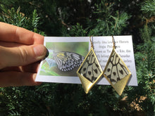 Load image into Gallery viewer, Recycled butterfly wing drop kite pendant earrings - Rice Paper - dangle, gold, shiny, lightweight, modern jewelry
