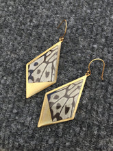 Load image into Gallery viewer, Recycled butterfly wing drop kite pendant earrings - Rice Paper - dangle, gold, shiny, lightweight, modern jewelry