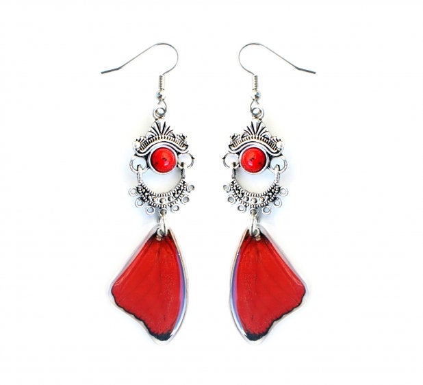 Real Red Butterfly Wing Earrings with Pearl – Cymothoe Sangaris
