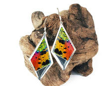 Load image into Gallery viewer, Recycled Butterfly Wing Kite Pendant Earrings - Rainbow Sunset Moth - Nature Art, Nature Jewelry, Butterflies