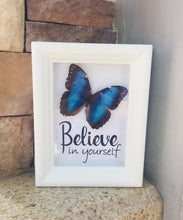 Load image into Gallery viewer, Real Blue Morpho peleides butterfly with an inspirational quote in a 5x7 shadow box