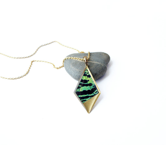Green Sunset Moth kite necklace, alternate view