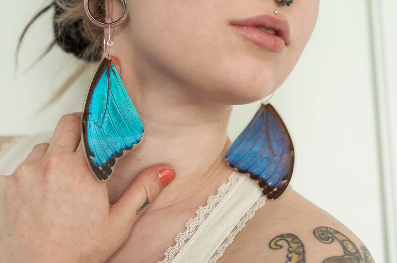 Large Blue Morpho butterfly wing earrings, additional view