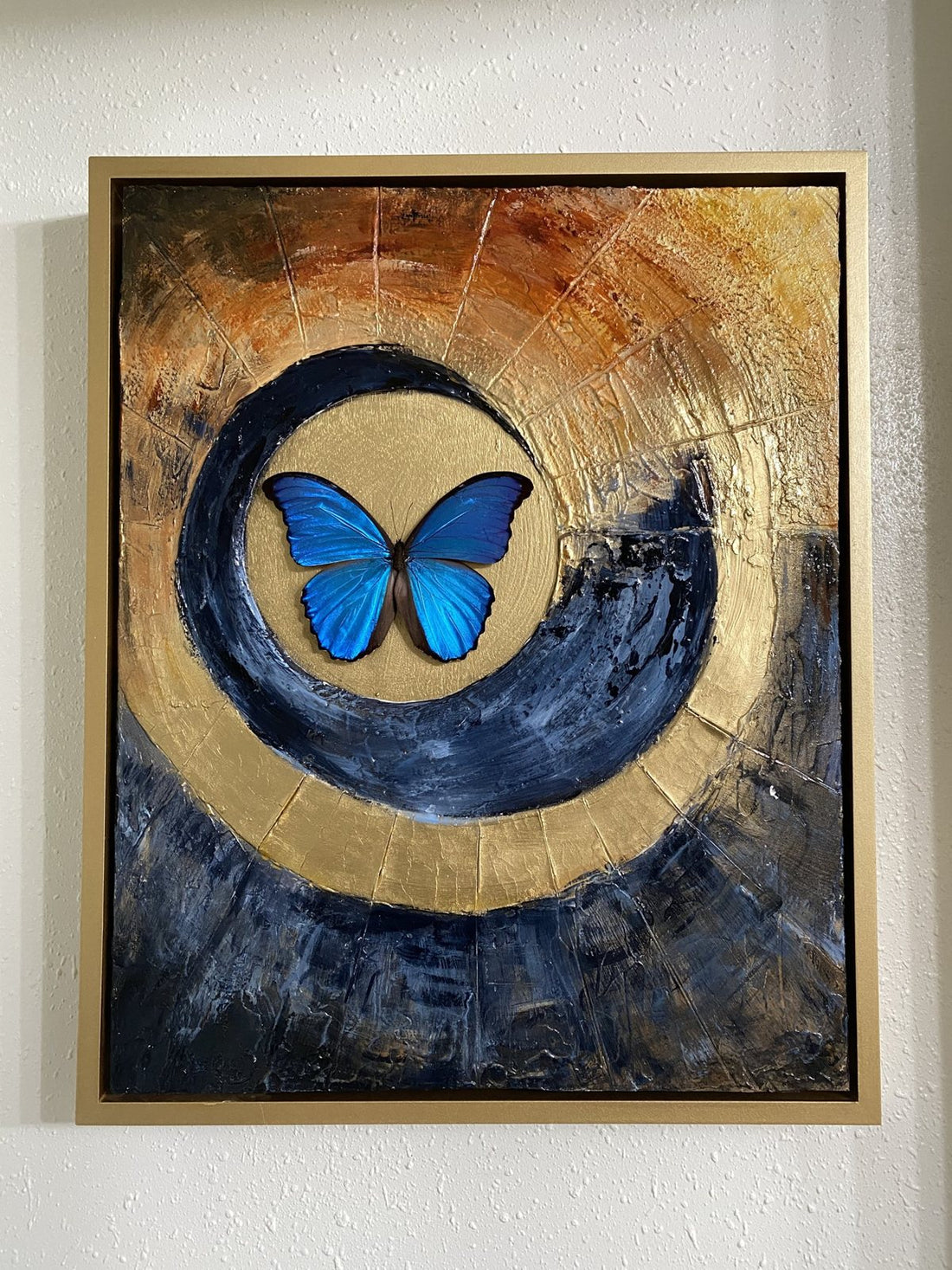 Real blue morpho butterfly at the center of a sculpted gold and navy swirl