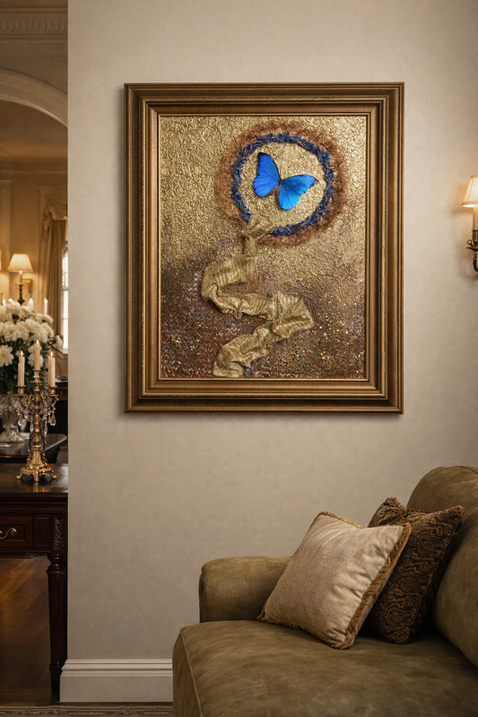 Real butterfly on a gold shimmer sculpted background behind curved glass, 18x24