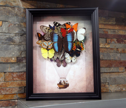 Hot air balloon zeppelin framed art carried by real butterflies