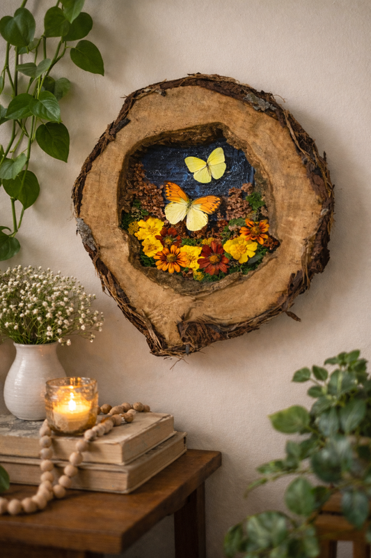 Real hollow log with butterflies and preserved flowers, 14x18 nature scene