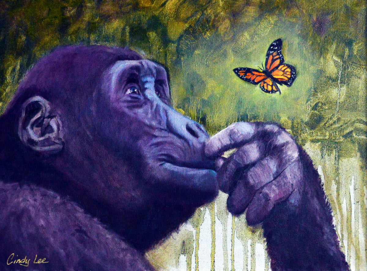 Original hand-painted gorilla painting with butterfly, 16x20
