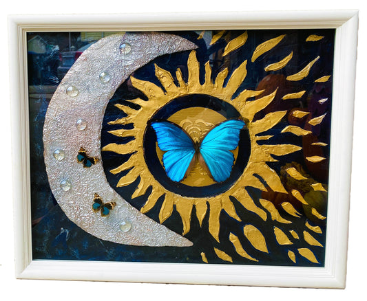 Sun and moon 3D sculpture wall art with real butterflies behind glass
