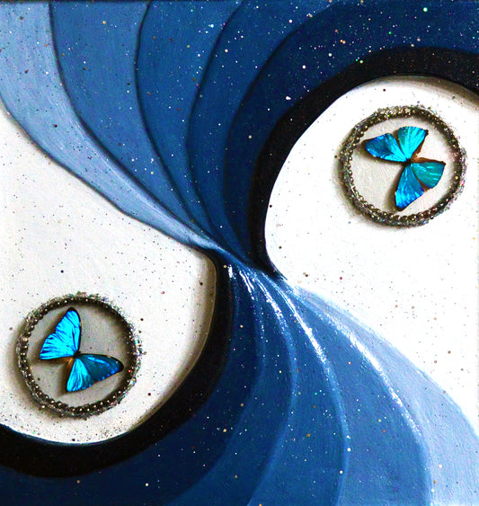 Wave 3D sculpture wall art with real butterflies behind glass, 20x20