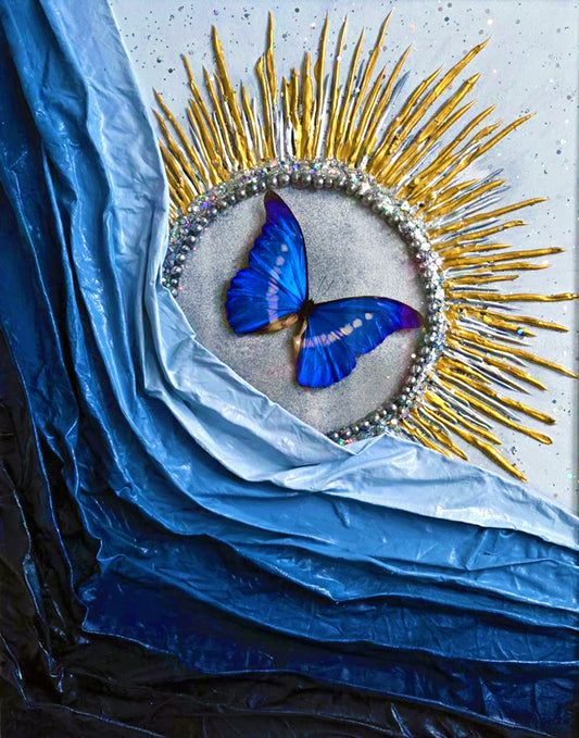 Sun goddess 3D sculpture wall art with a real butterfly behind curved glass