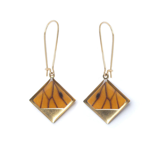 Real Monarch Butterfly Wing Gold Diamond Dangle Earrings