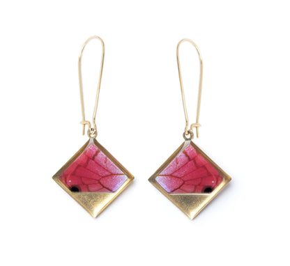 Real Pink Butterfly Wing Gold Diamond Dangle Earrings