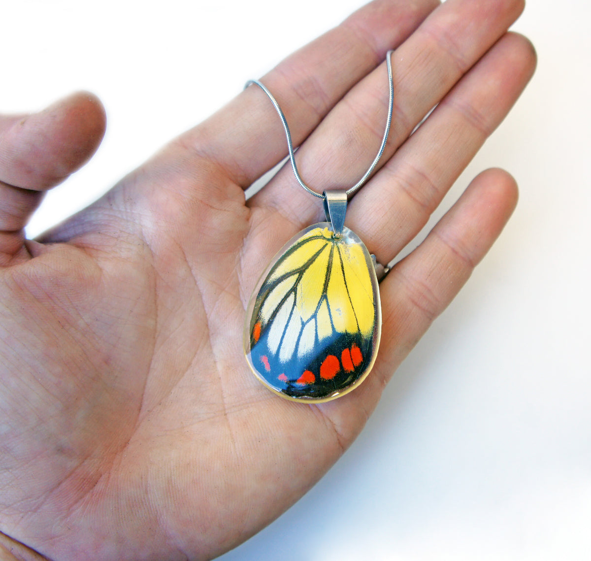 Painted jezebel wing necklace, detail view