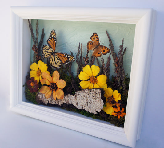 Monarch and owl eye flower shadow box, alternate view