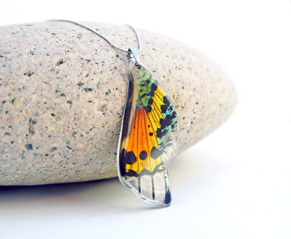 Rainbow Sunset Moth wing necklace, alternate view