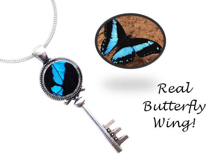 Real Papilio bromius wing in a skeleton key pendant necklace