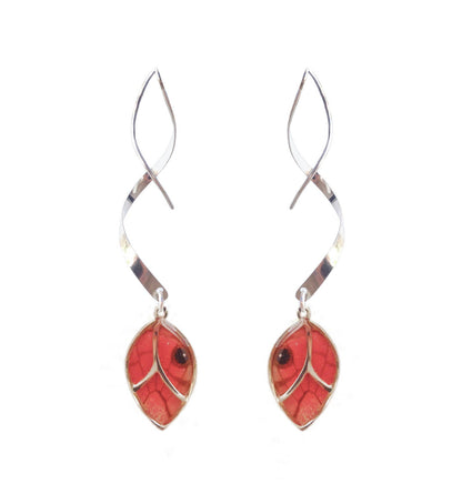 Blushing Phantom leaf earrings, detail view