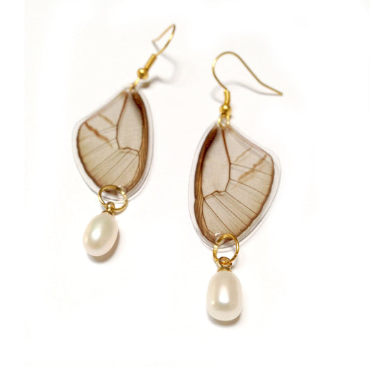 Real Blushing Phantom butterfly wing earrings with pearls