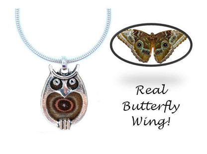 Real butterfly wing owl pendant necklace