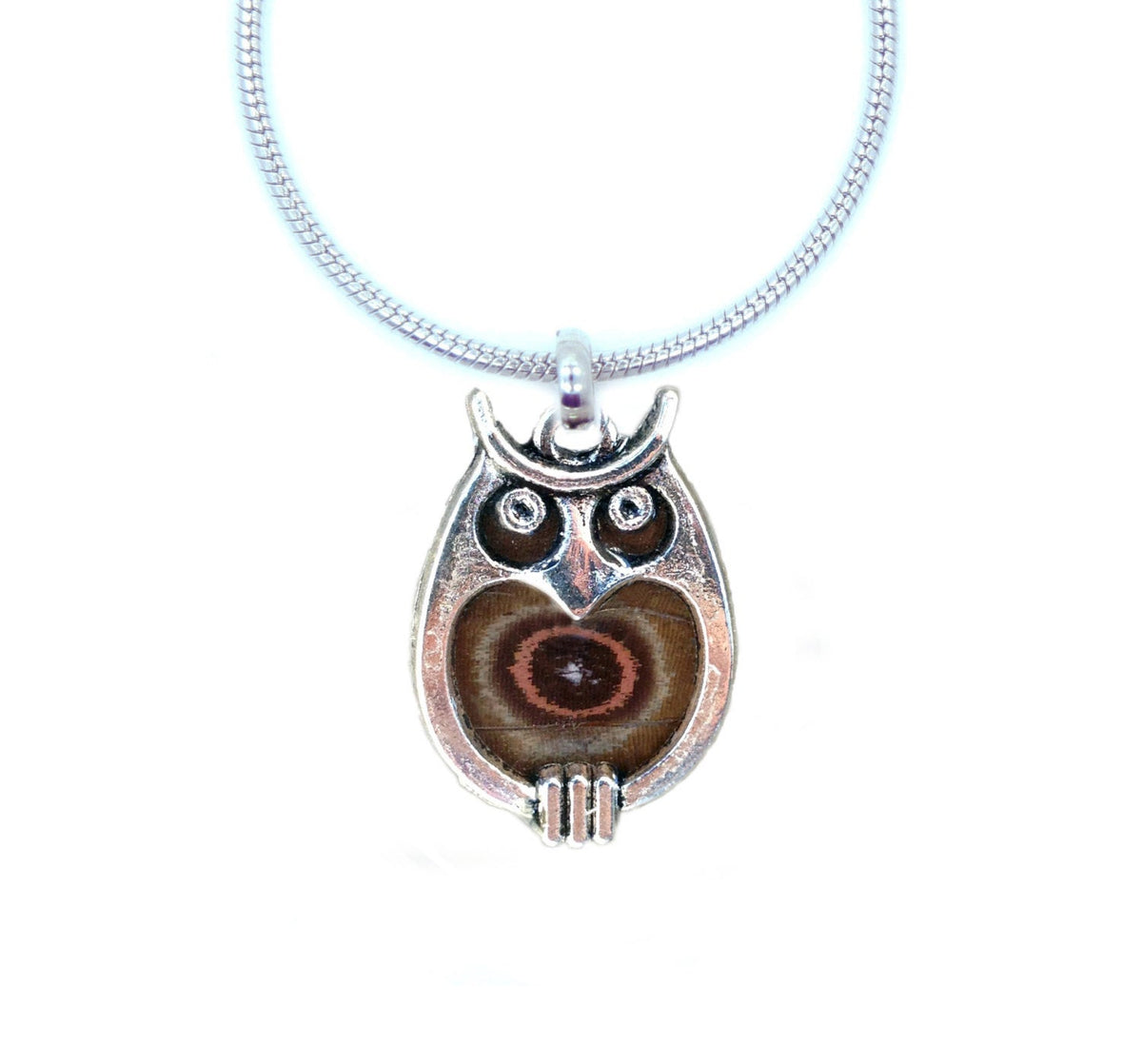 Butterfly wing owl necklace, alternate view