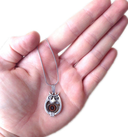 Butterfly wing owl necklace, detail view