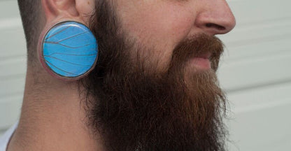 Blue Morpho circle plugs, detail view