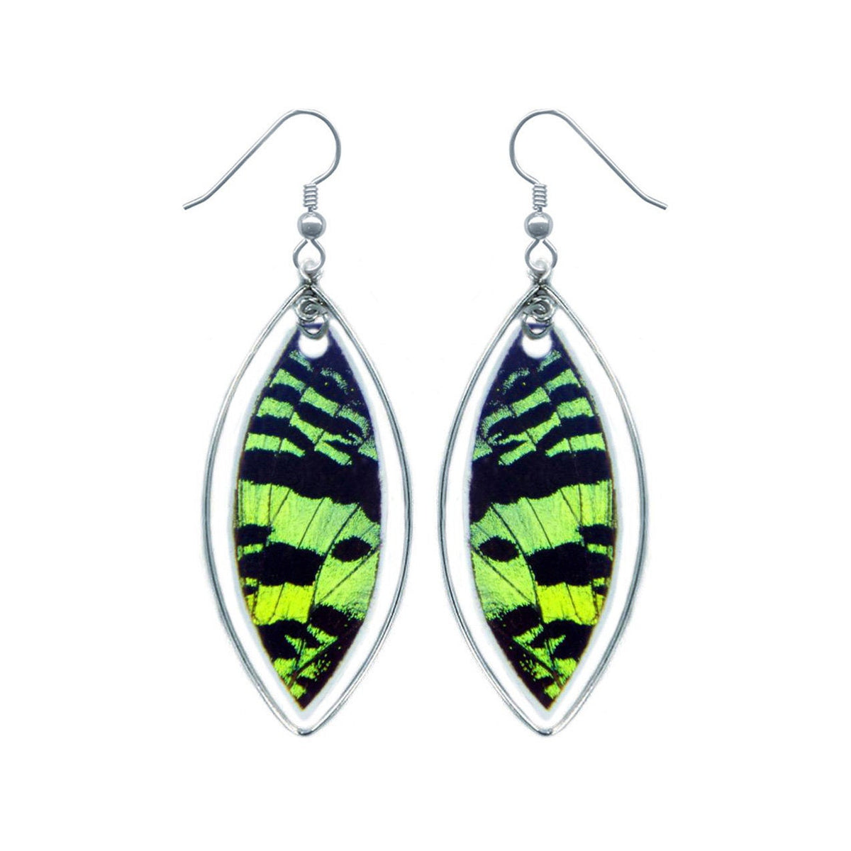 Real green Sunset Moth wing earrings in sterling silver marquis drops