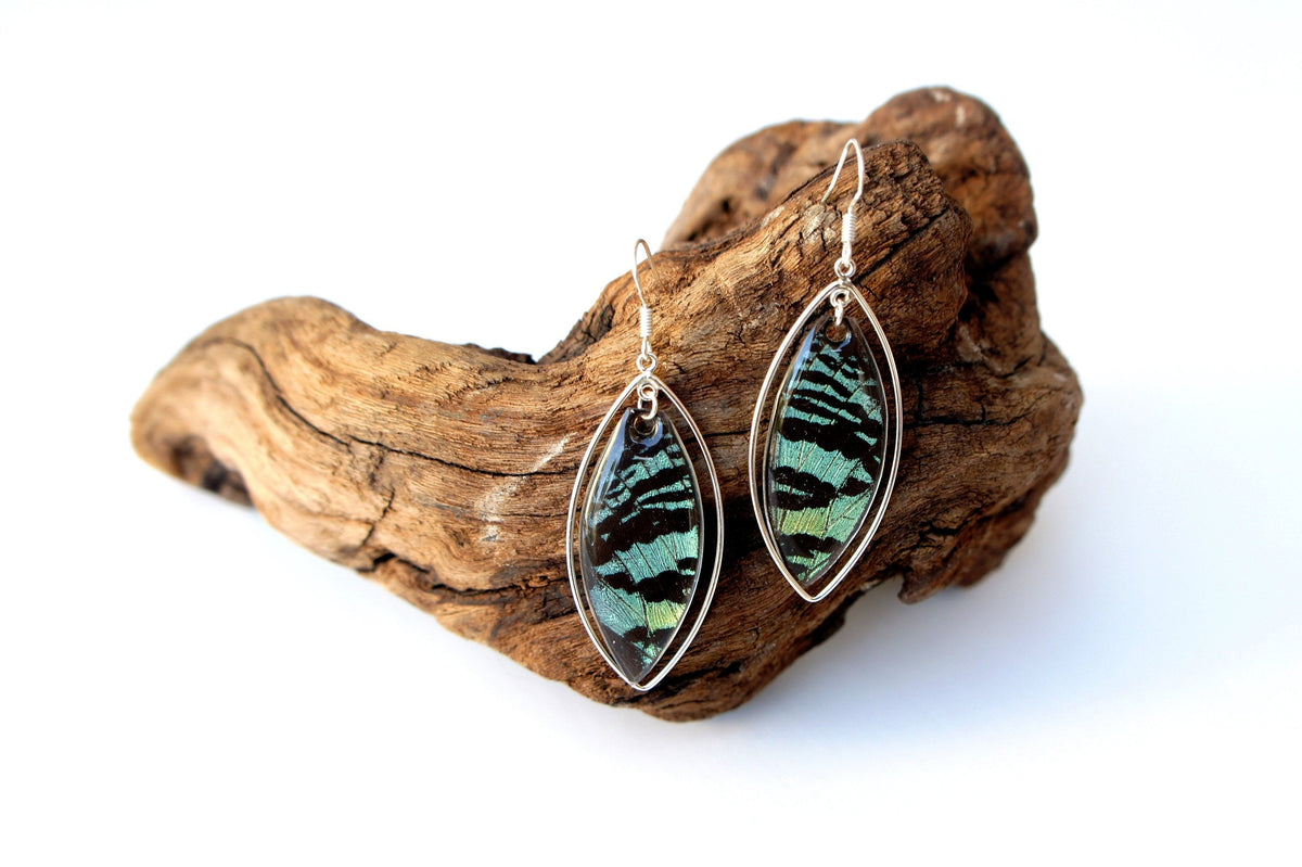 Green Sunset Moth marquis earrings, alternate view