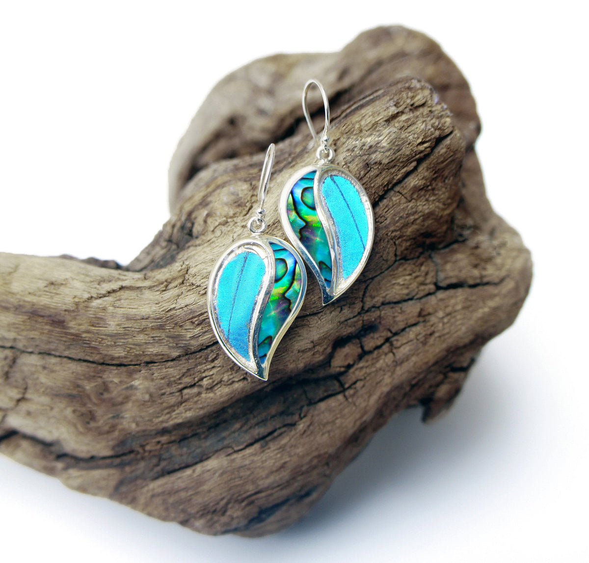 Blue Morpho abalone earrings, detail view