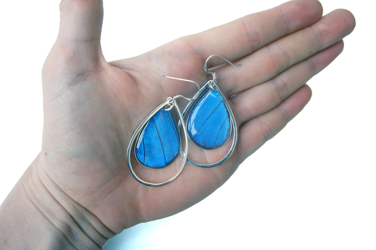Blue Morpho teardrop earrings, detail view