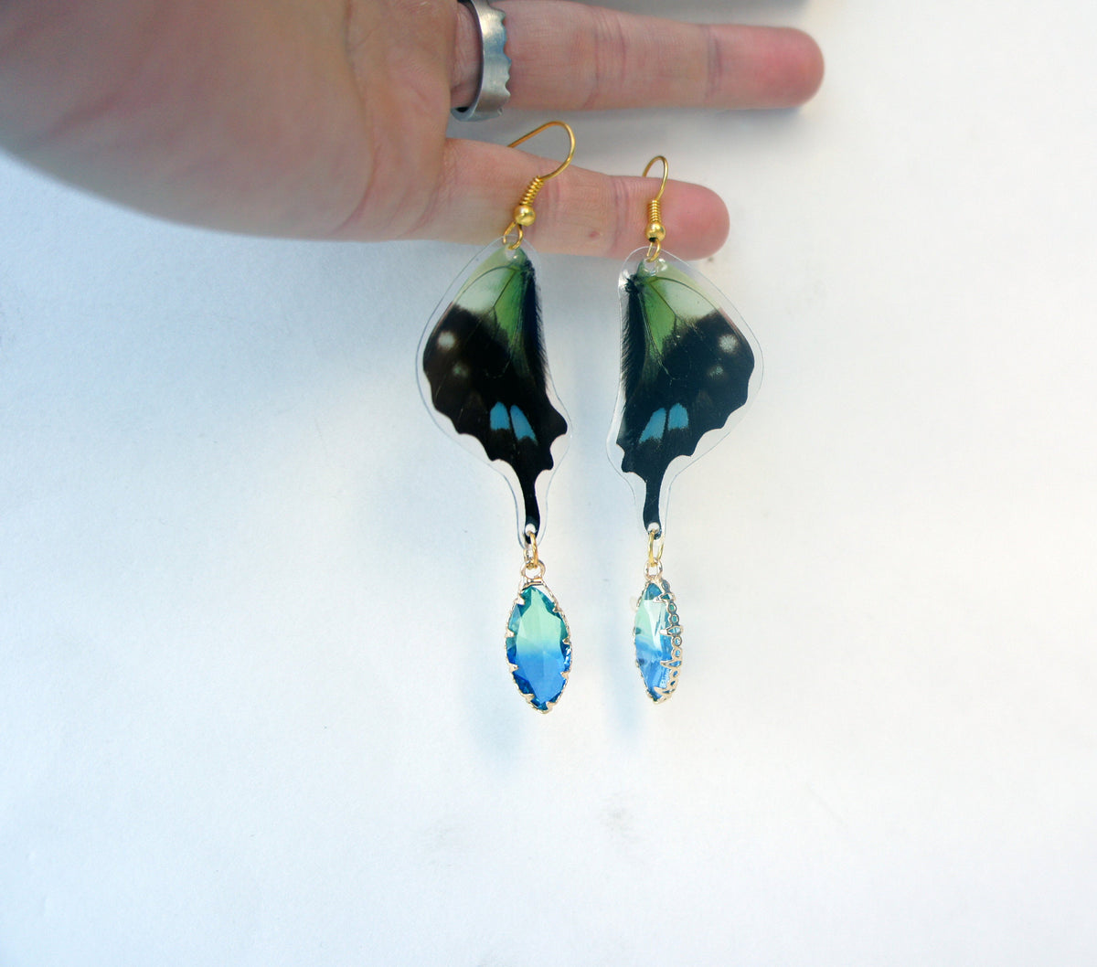 Graphium weiskei glass bead earrings, additional view