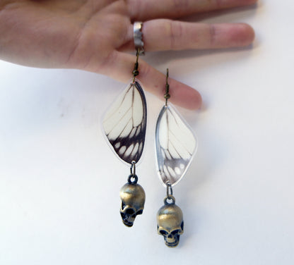 Real Delias Hyparete Butterfly Wing Earrings with Bronze Skulls