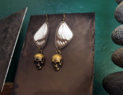 Real Delias Hyparete Butterfly Wing Earrings with Bronze Skulls