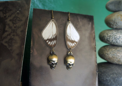 Real Delias Hyparete Butterfly Wing Earrings with Bronze Skulls