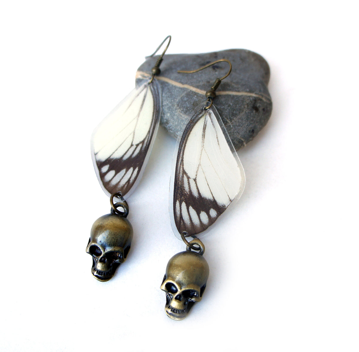 Real Delias Hyparete Butterfly Wing Earrings with Bronze Skulls