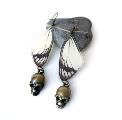 Real Delias Hyparete Butterfly Wing Earrings with Bronze Skulls