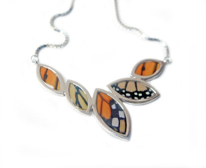 Real Monarch wing in a sterling silver marquis necklace
