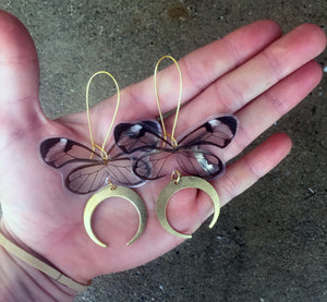 Clear wing butterfly earrings with crescent dangles